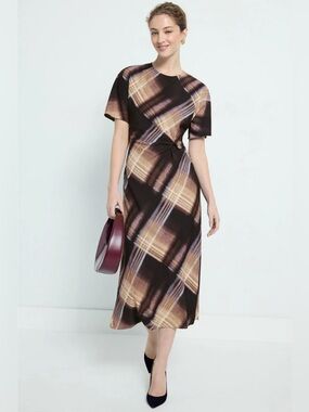 Luxely Printed Twist Detailed Plaid Midi Dress